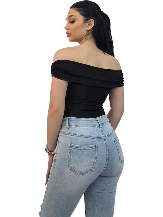Elegant Regalis Bodysuit Shoulder Draping Fixed Knot Black