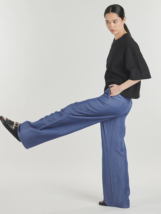 Pantaloni Dama Din Țesătură Cu Pantaloni Evazați Albastru