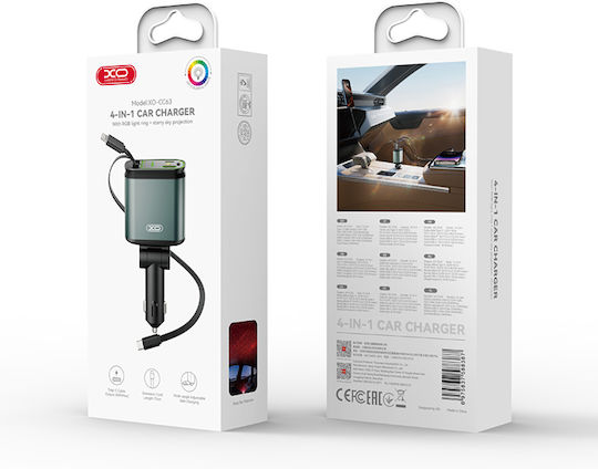 XO Car Charger 45W Fast Charging with Ports 1xUSB 1xType-C with Embedded Lightning Cable Green Colour