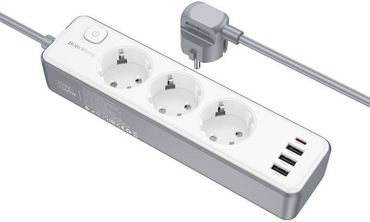 Borofone Πολύπριζο 3 Θέσεων με 3 USB-A, 1 USB-C και Καλώδιο 2m
