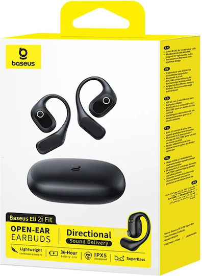 Baseus Eli 2i Fit Open Ear Bluetooth Handsfree Ακουστικά με Αντοχή στον Ιδρώτα και Θήκη Φόρτισης Μαύρα