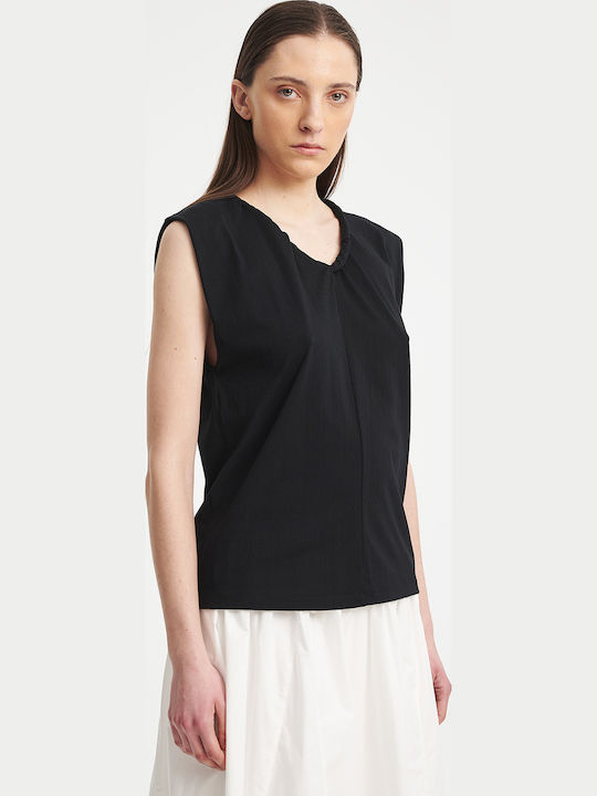 Bluza Damă Fără Mâneci cu Decolteu în V Negru