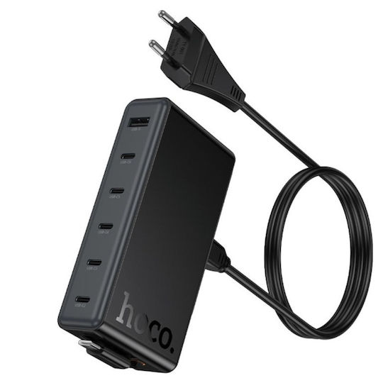 Hoco GaN с USB-A порт и 5 USB-C порта и кабел USB-C 50W Power Delivery / Quick Charge 3.0 Черен (C151A)