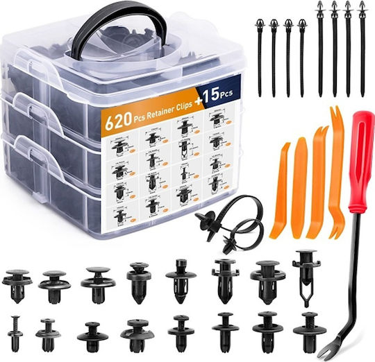 Car Plastic Fasteners Clips Case 635 Pieces 16 Most Popular Sizes Fender Nylon Rivets 10 Cable Ties W17880