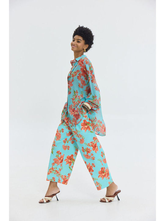Women's High Rise Fabric Trousers with Rubber Band Floral Aqua