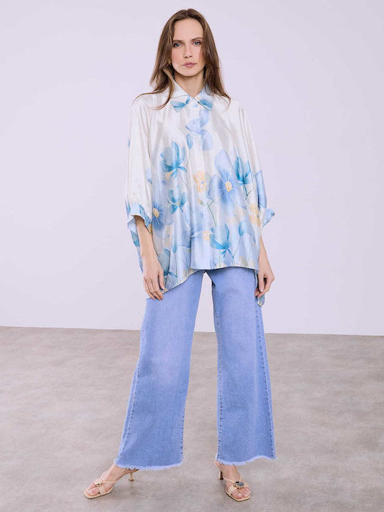 Celestino Γυναικεία Πουκαμίσα Oversized Floral Loose Fit Γαλάζιο
