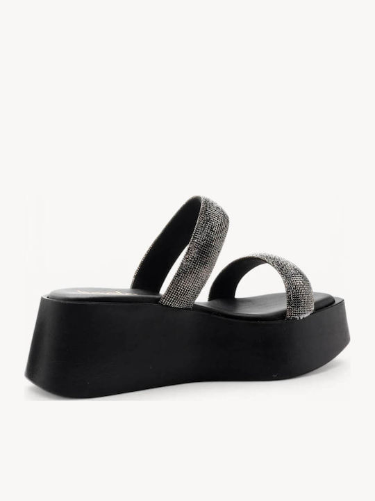 Schwarze Flatforms Doppelriemchen Glitzer
