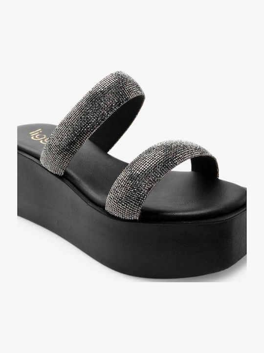 Schwarze Flatforms Doppelriemchen Glitzer