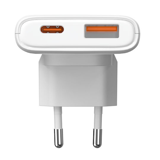 Akyga Mobile Phone Charger Without Cable GaN with USB-A Port and USB-C Port 65W Power Delivery / Quick Charge 3.0 / Quick Charge 4+ White (AK-CH-31)