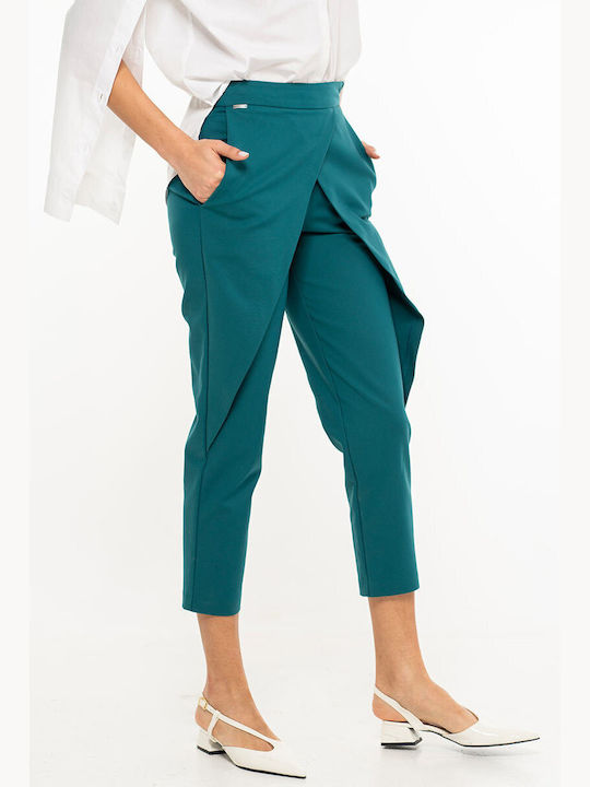 Pantaloni Dama Din Țesătură Cu Linie Tapered Cu Dungi Turcoaz