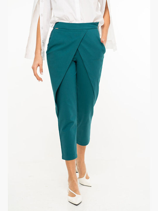Pantaloni Dama Din Țesătură Cu Linie Tapered Cu Dungi Turcoaz