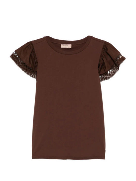 Damen Bluse Baumwolle Kurzärmelig Braune