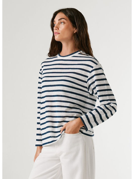 Women's Cotton Long Sleeve Striped Deep Sea Blue Top