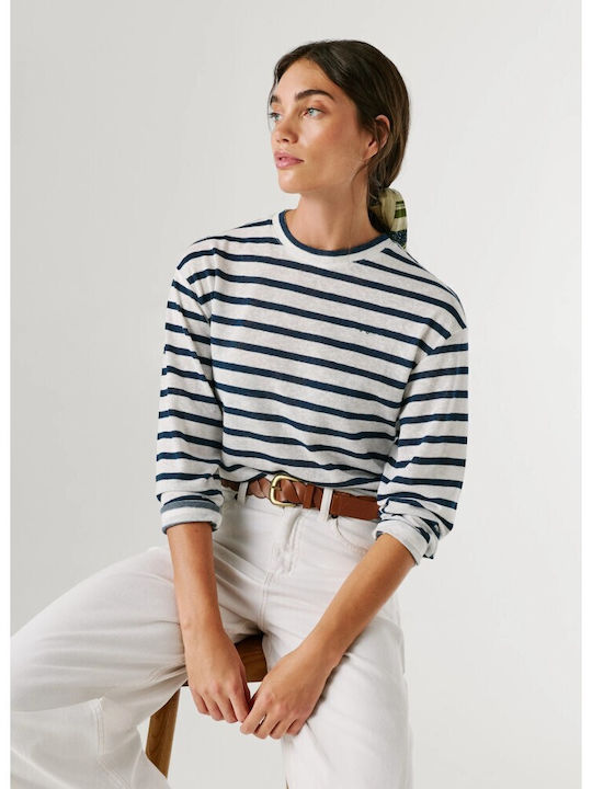 Women's Cotton Long Sleeve Striped Deep Sea Blue Top