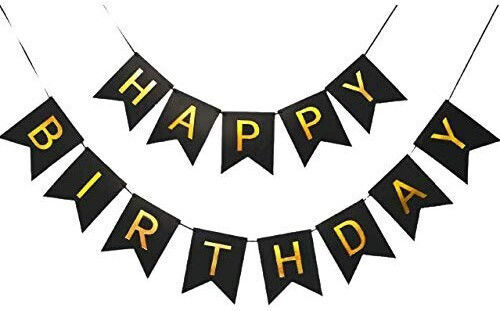 Banner Happy Birthday 100x200 Cm Dimensiune Steag 11.5x16.5 Cm Role De Ață Inclusă Negru