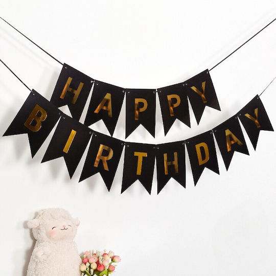 Banner Happy Birthday 100x200 Cm Dimensiune Steag 11.5x16.5 Cm Role De Ață Inclusă Negru