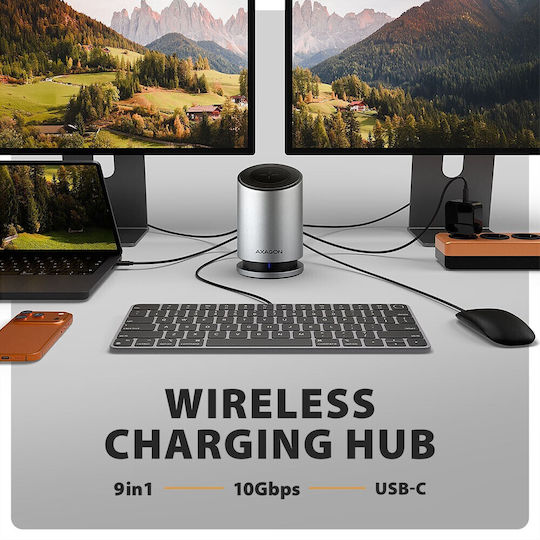 Axagon HMC-WL9 USB-C Docking Station mit HDMI/DisplayPort 4K PD Ethernet und Verbindung 2 Monitore Silber