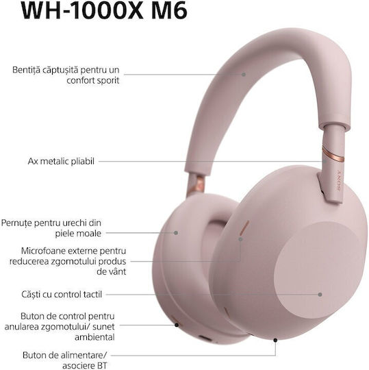Sony WH-1000XM6 Wireless / Wired Over Ear Headphones with 30 Hours Playing Time and Quick Charge Pink