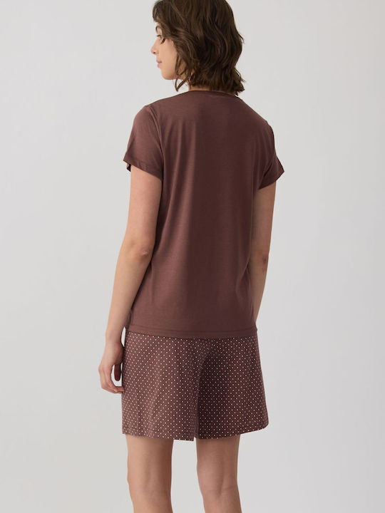 Minerva Set Pijamale Dama De Vară Din Bumbac Culoare Ciocolată Dots