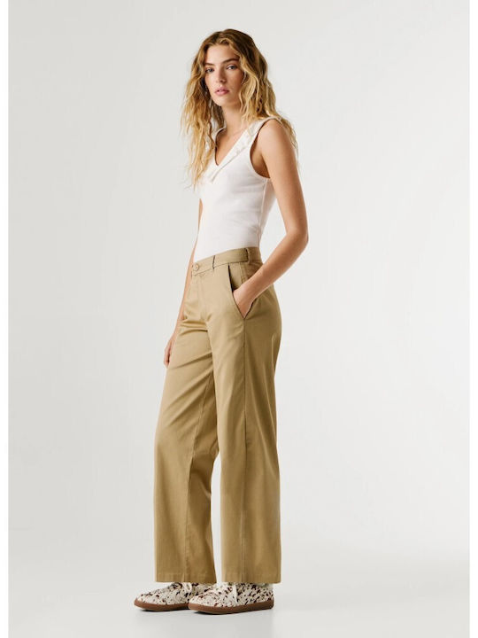 Women's Leather Trousers in Straight Leg Light Beige