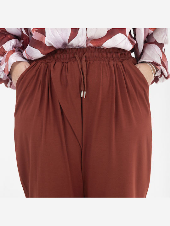 Pantaloni Dama Din Țesătură Cu Cauciuc În Linie Dreaptă Cărămiziu