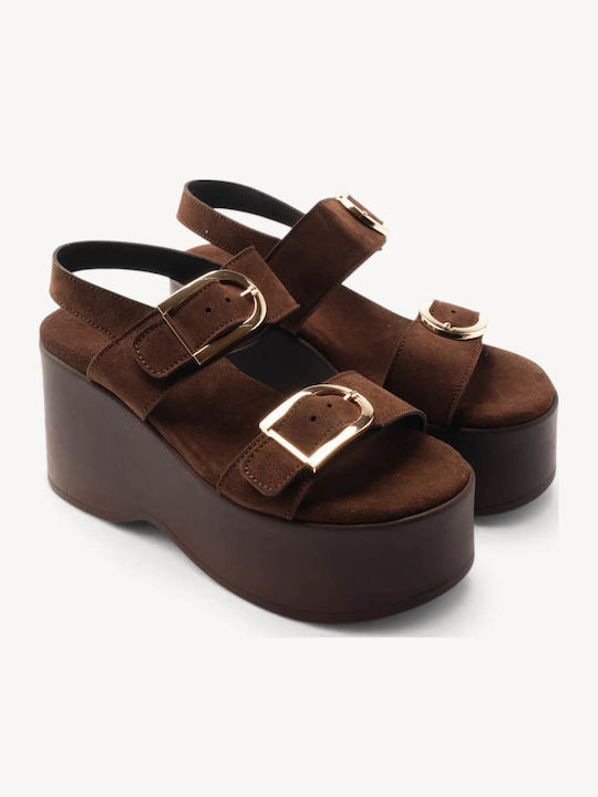 Braune Suede Damenplattformen mit Knöchelriemen Goldene Keilabsätze