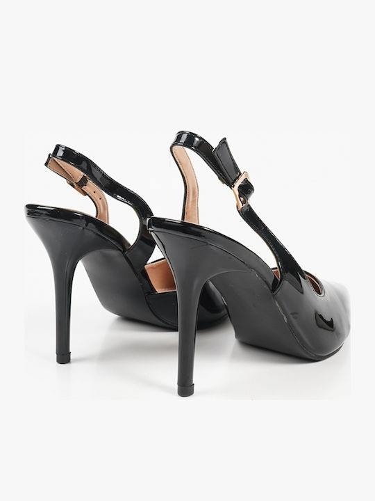 Pointed Toe Heels in Patent Leather with Strap Black