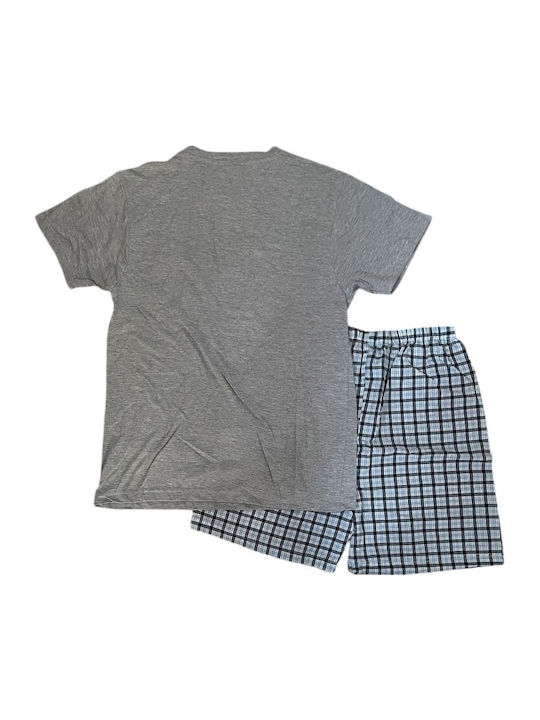 Ogham Sommer Karierte Herrenpyjama Bluse Grau Melange