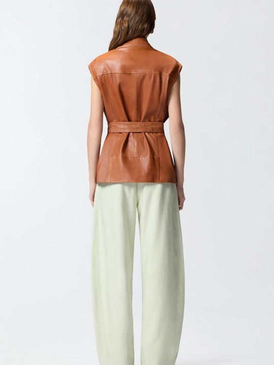 Leather Women's Sleeveless Jacket for Winter Brown