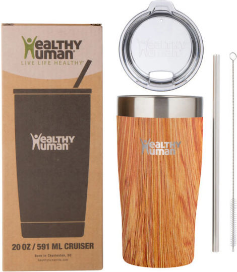 Healthy Human Recyclable Thermos Cup Stainless Steel / Plastic BPA Free 591ml Natural Wood with Straw