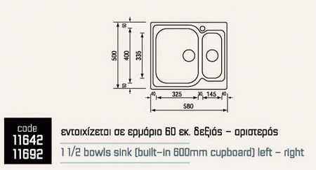 Sanitec Drop-In Sink Left Inox Matte W58xD50cm Silver