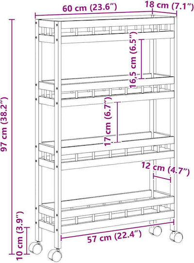vidaXL Wooden Kitchen Trolley 3 Tiers Brown 60x18x97cm