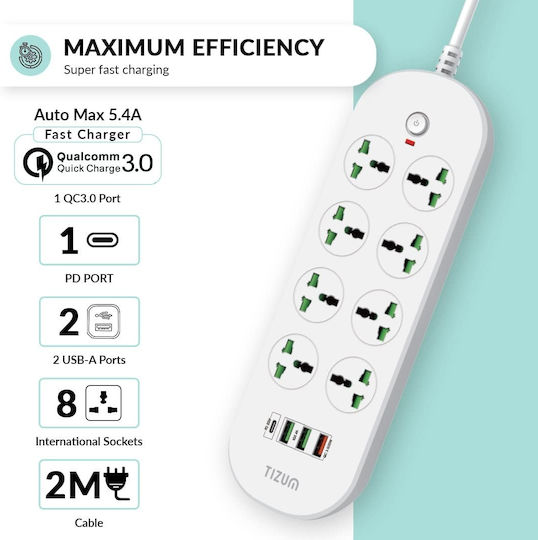 Power Strip 8 Sockets with USB-A 1 USB-C Switch and 2m Cable