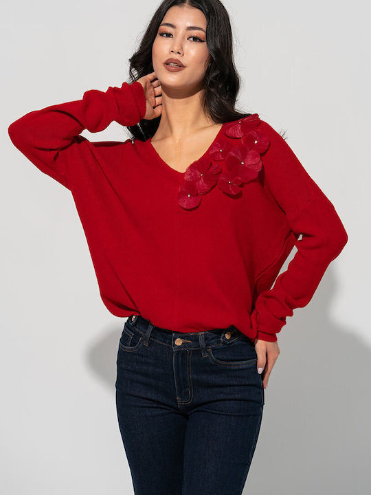Pulover Damă Mânecă Lungă cu Decolteu în V Model Floral Roșu