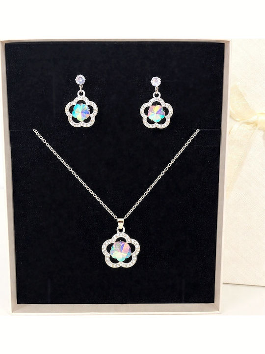 Set De Bijuterii Pentru Femei Feeling Flower Din Otel Inoxidabil Colier Cercei Pandantiv Floare Cristale În Cutie Cadou