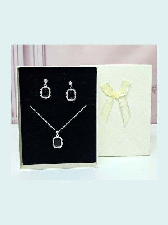 Set De Bijuterii Pentru Femei Velve Feeling Negru Din Otel Inoxidabil Colier Cercei Elegant Cu Piatra Neagră În Cutie Cadou