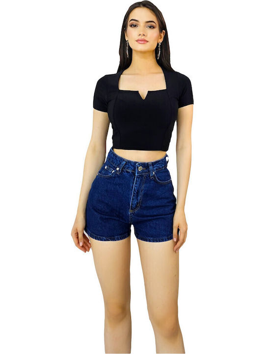 Damen-Shorts - Bermudas Hochtaillierte Jeans in Navy Blau