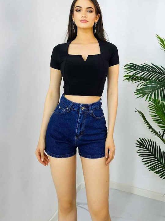 Damen-Shorts - Bermudas Hochtaillierte Jeans in Navy Blau