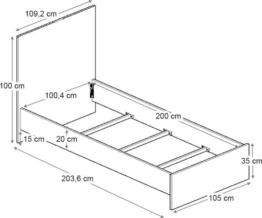 Troy Pat Single Din Lemn Gri Pentru Saltea 100x200cm