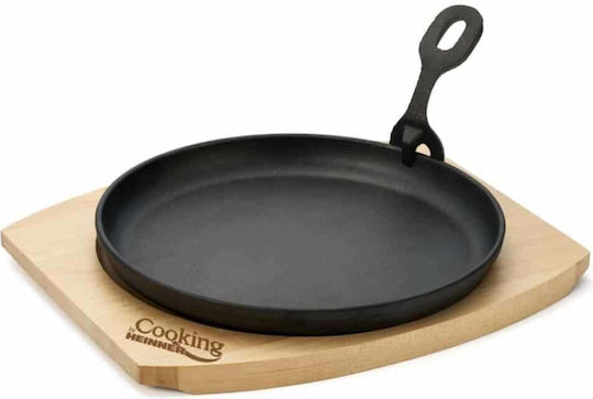 Tavă Rotundă De Servire 22 Cm Din Fontă Pură Echipată Cu Mâner Detasabil Suport Din Lemn Heinner Dcn65353