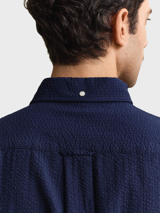 Seersucker Long Sleeve Cotton Shirt In Regular Fit Blue