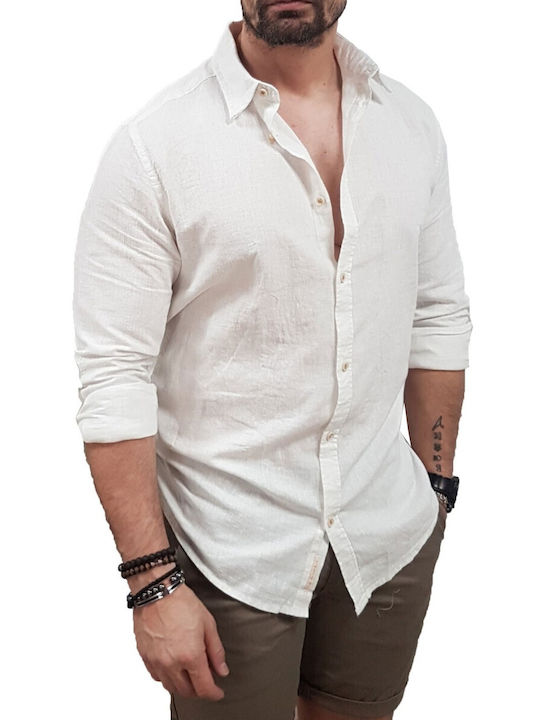 Mânecă Lungă Cămașă din In Regular Fit White