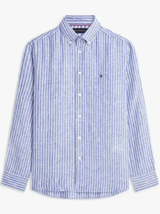 Long Sleeve Linen Shirt in Regular Fit Striped Blue