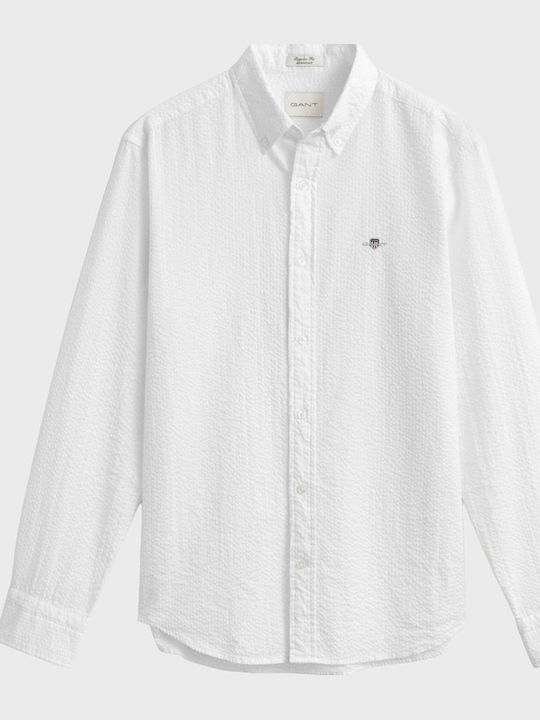Seersucker Long Sleeve Cotton Shirt In Regular Fit White