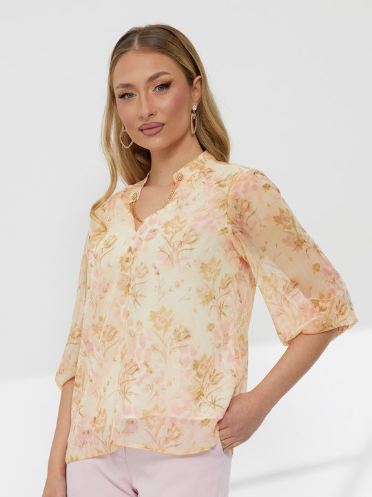 Women's Crop Top Long Sleeve with V-Neckline Floral Pink