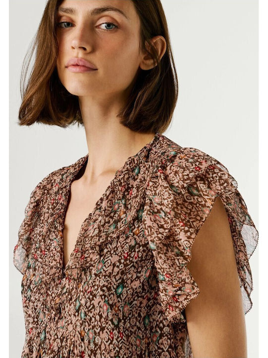 Women's Short Sleeve Blouse with V Neckline Floral Earth-Brown