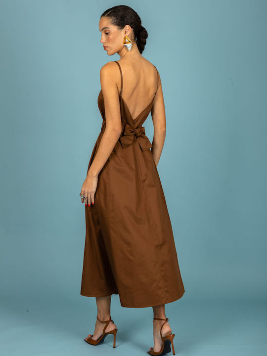 Καλοκαιρινό Midi Βραδινό Φόρεμα Εξώπλατο Dark Brown