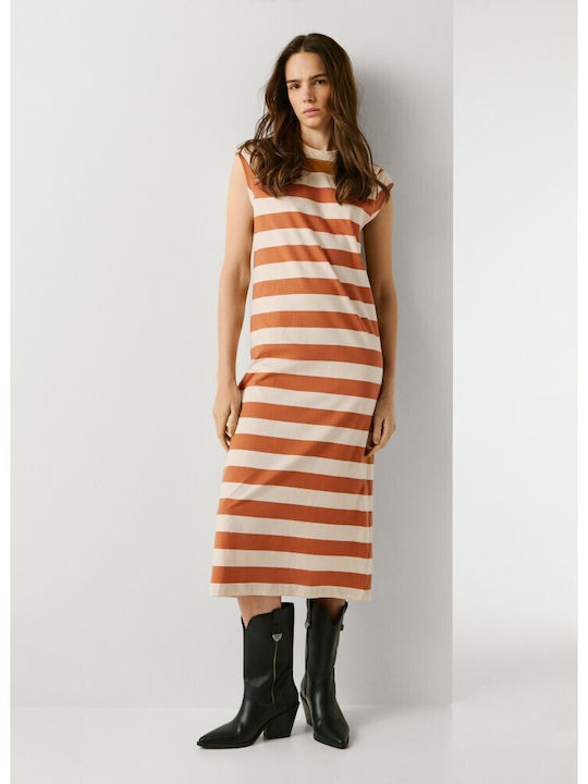 Summer Midi T-Shirt Denim Dress with Tearing Bronze-Beige