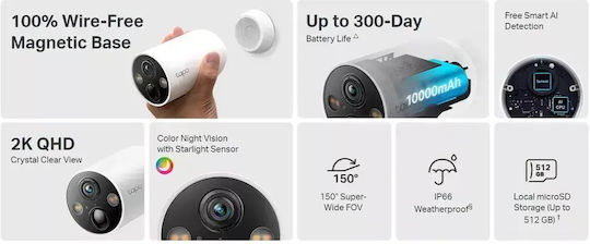 TP-LINK Tapo C425 v2 IP Surveillance Camera Full HD+ 4MP Waterproof Battery Powered with Two-Way Communication and Lens 2.1mm