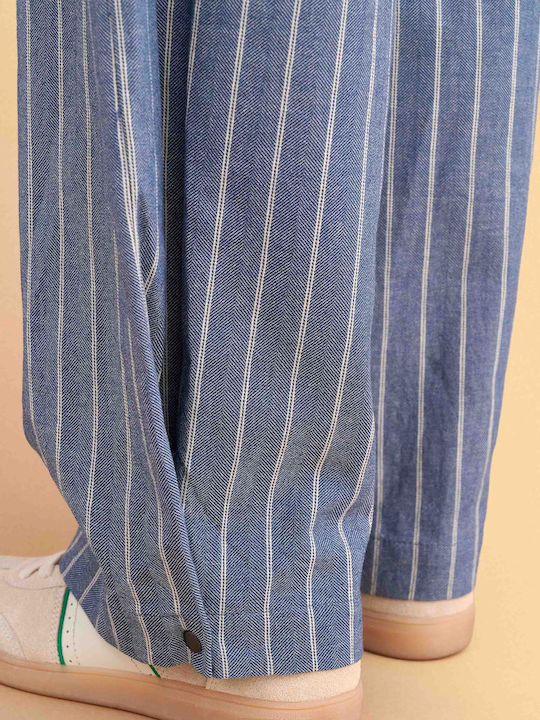 Women's High Rise Fabric Trousers Striped Blue